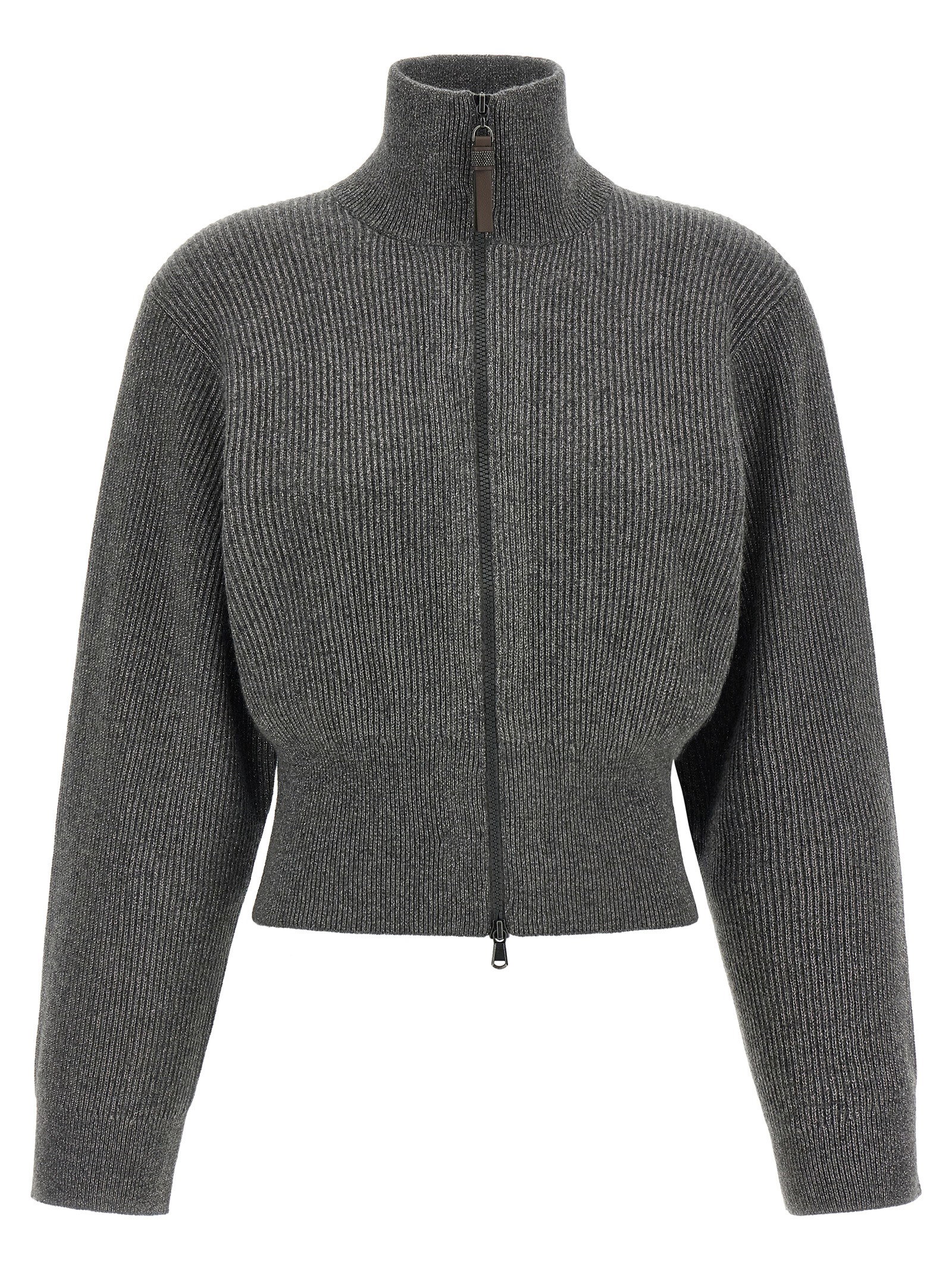 Brunello Cucinelli Ribbed Cardigan With Leather Detail