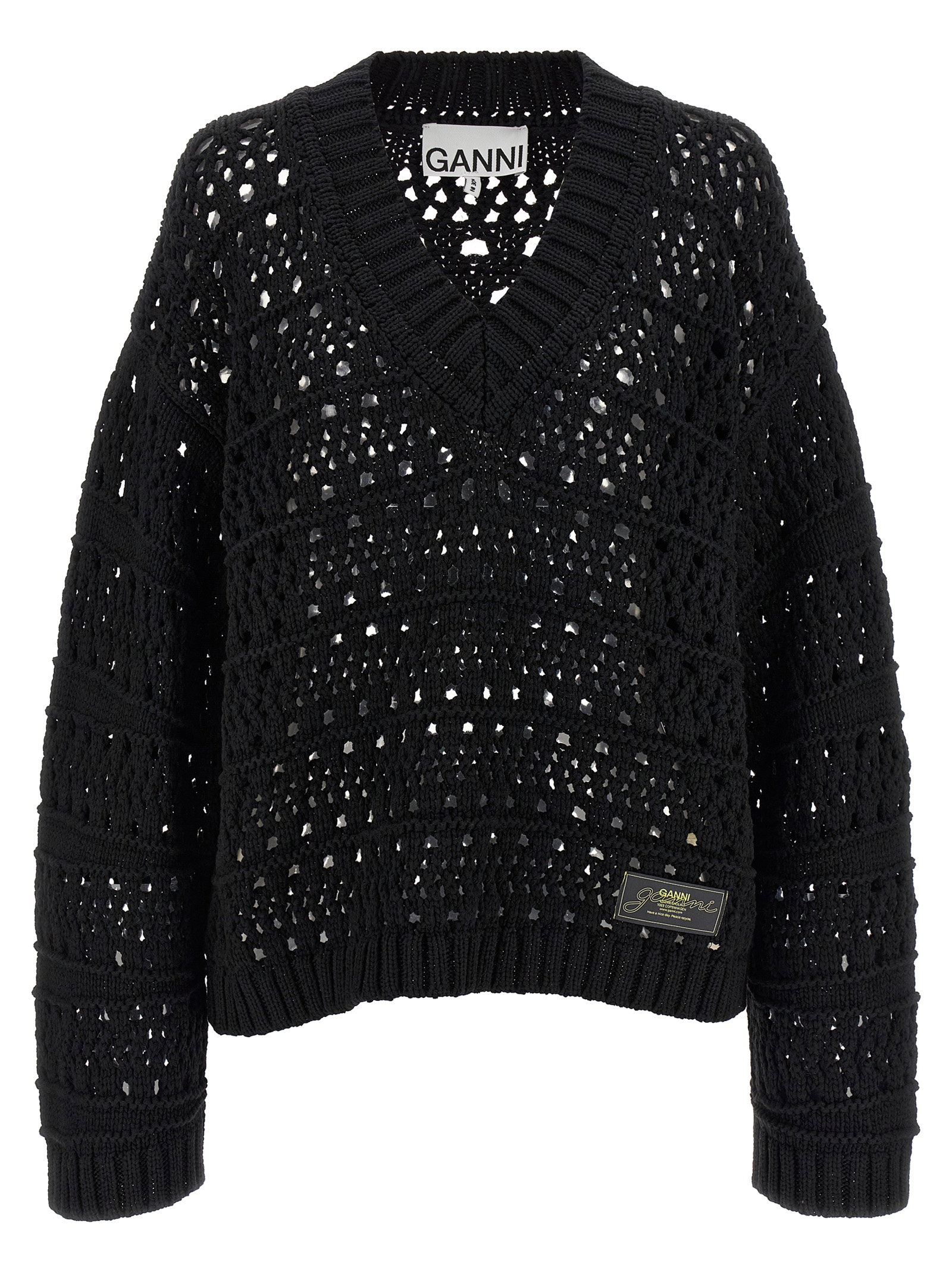 Ganni Black Crochet V-neck Sweater