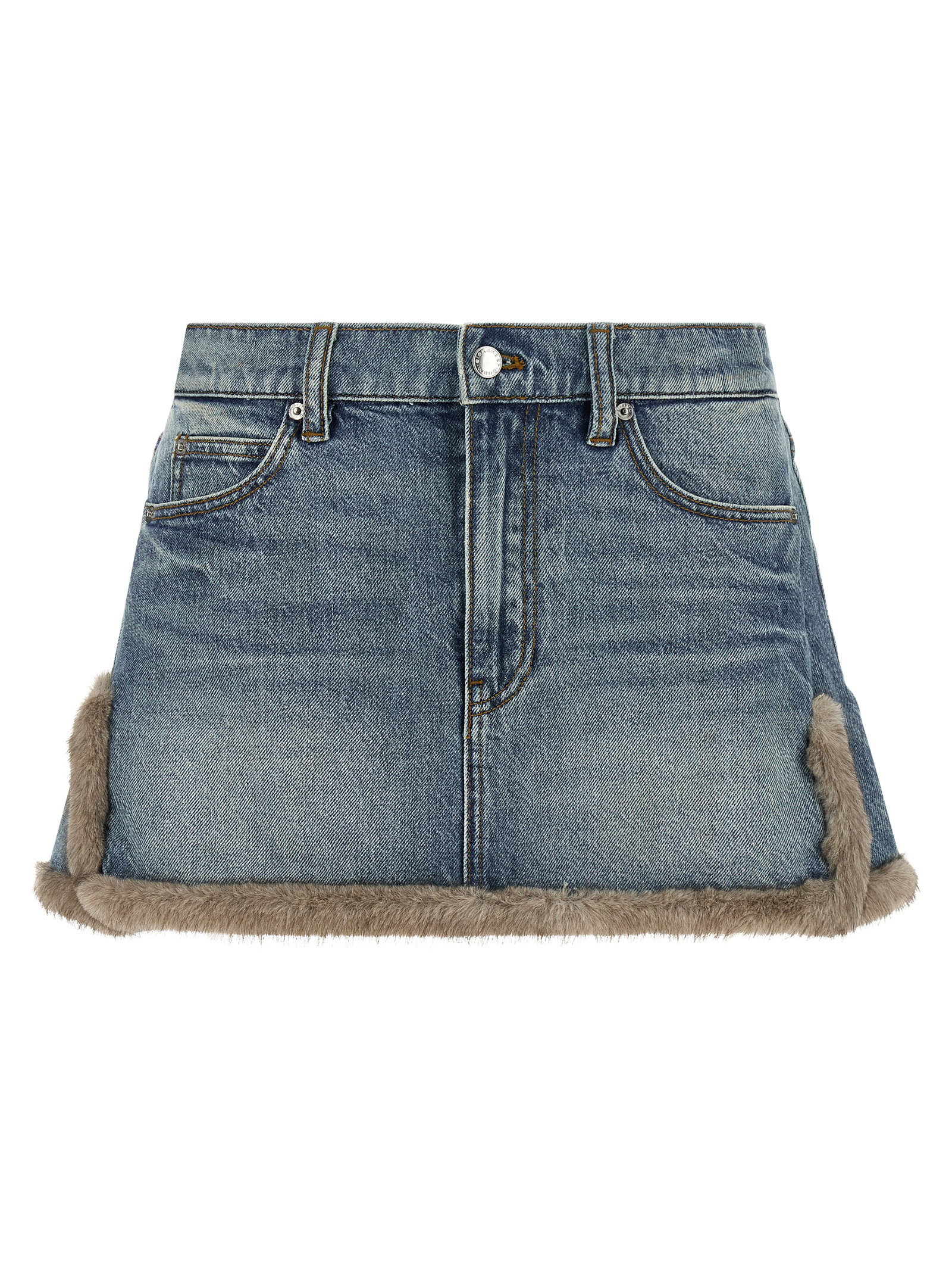 Denim X Alexander Wang Denim Skirt With Fur Hem