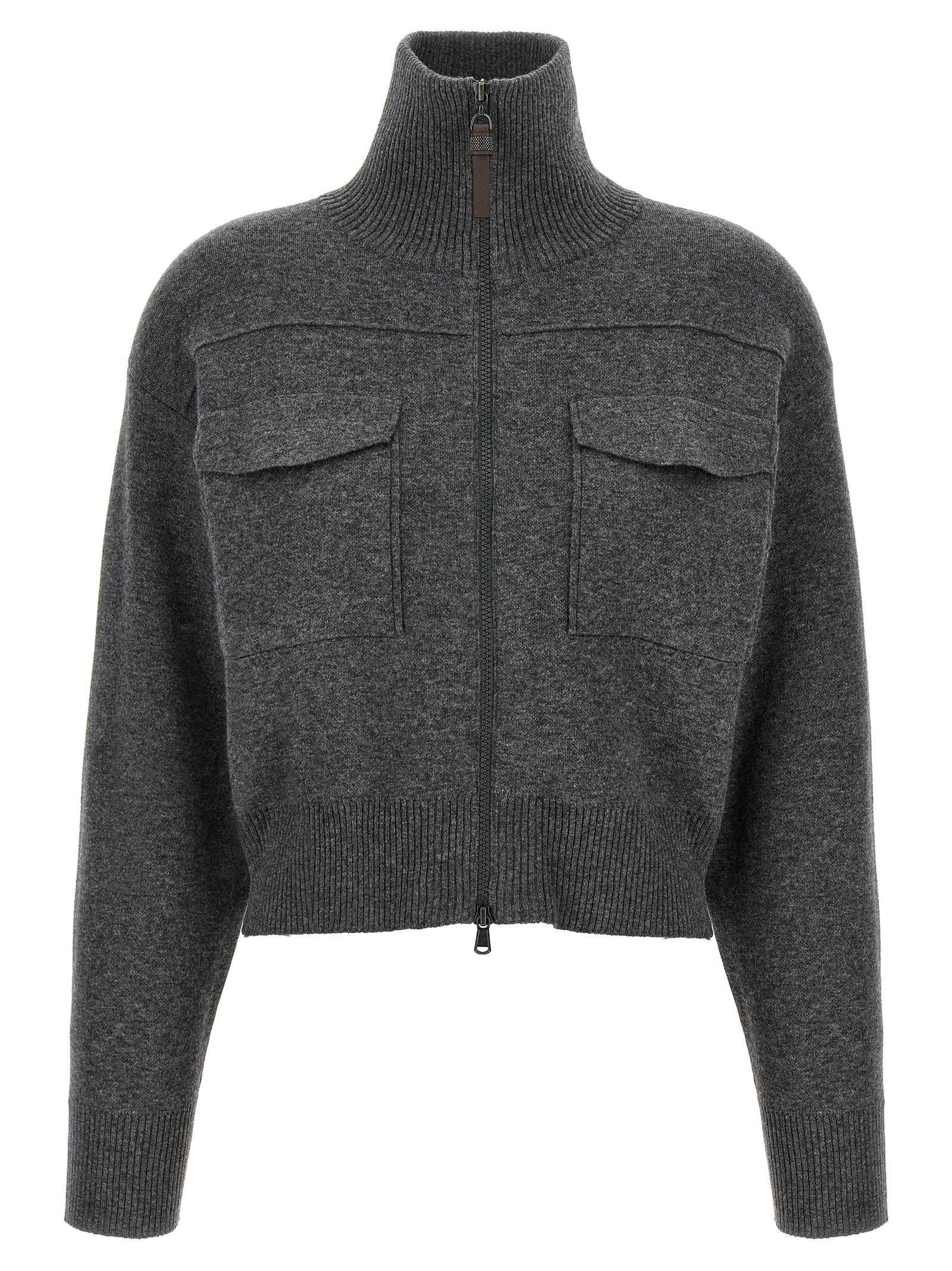 Brunello Cucinelli Shiny Zipper Pull Wool Cardigan