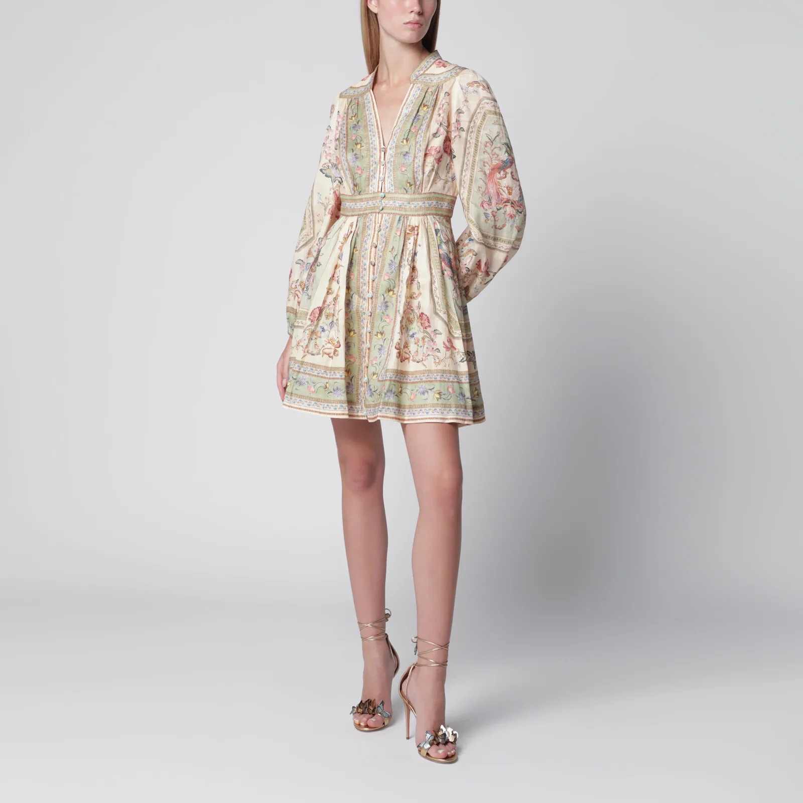 ZIMMERMANN Roselight Mini Dress in Sage Floral Linen