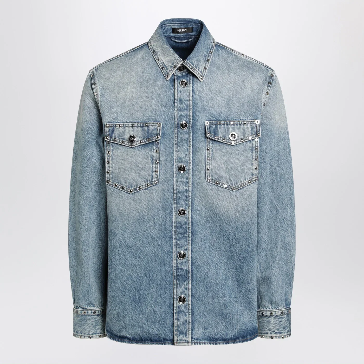 Versace Light blue stone-washed denim shirt with studs