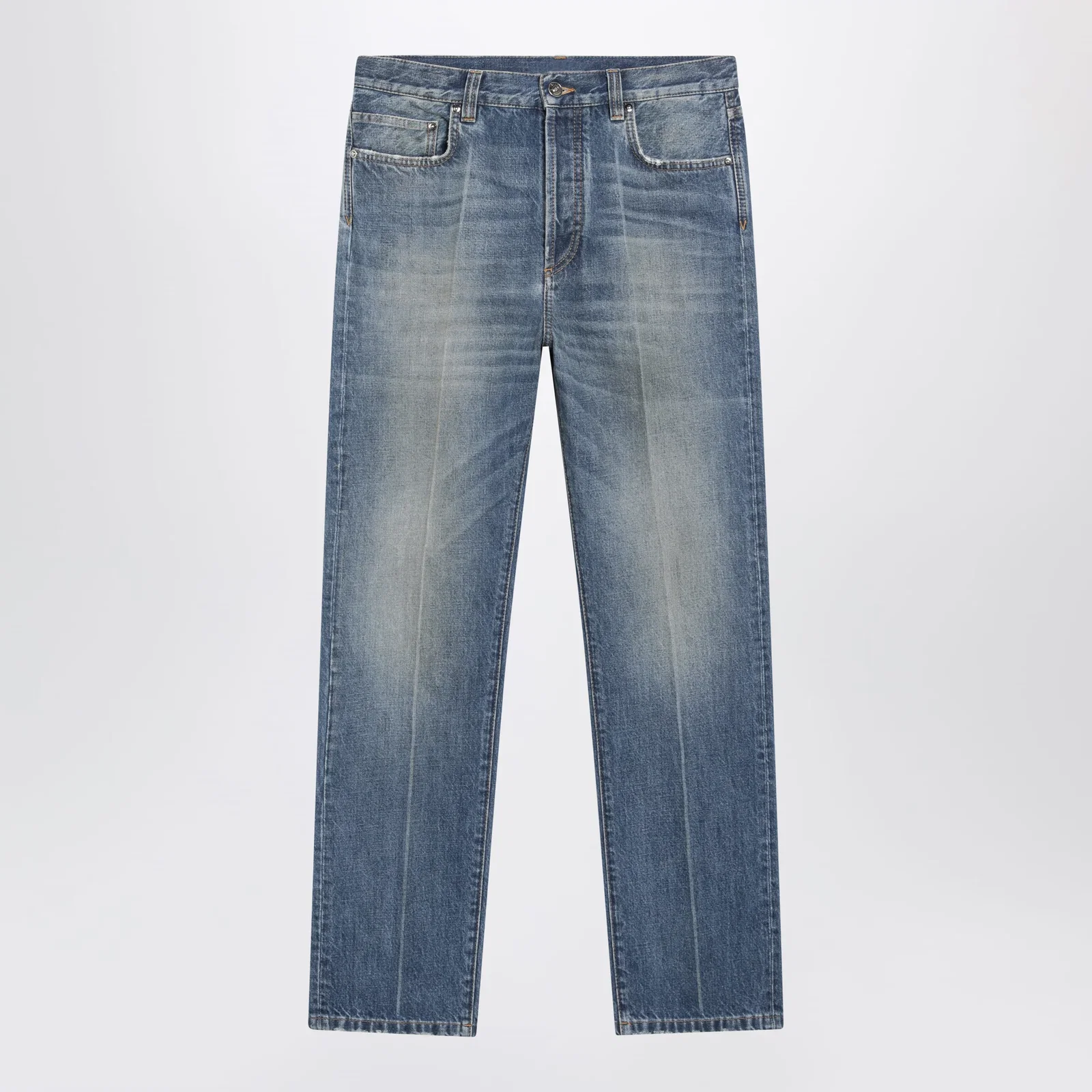 Versace Distressed Straight-Leg Jeans in Blue Denim
