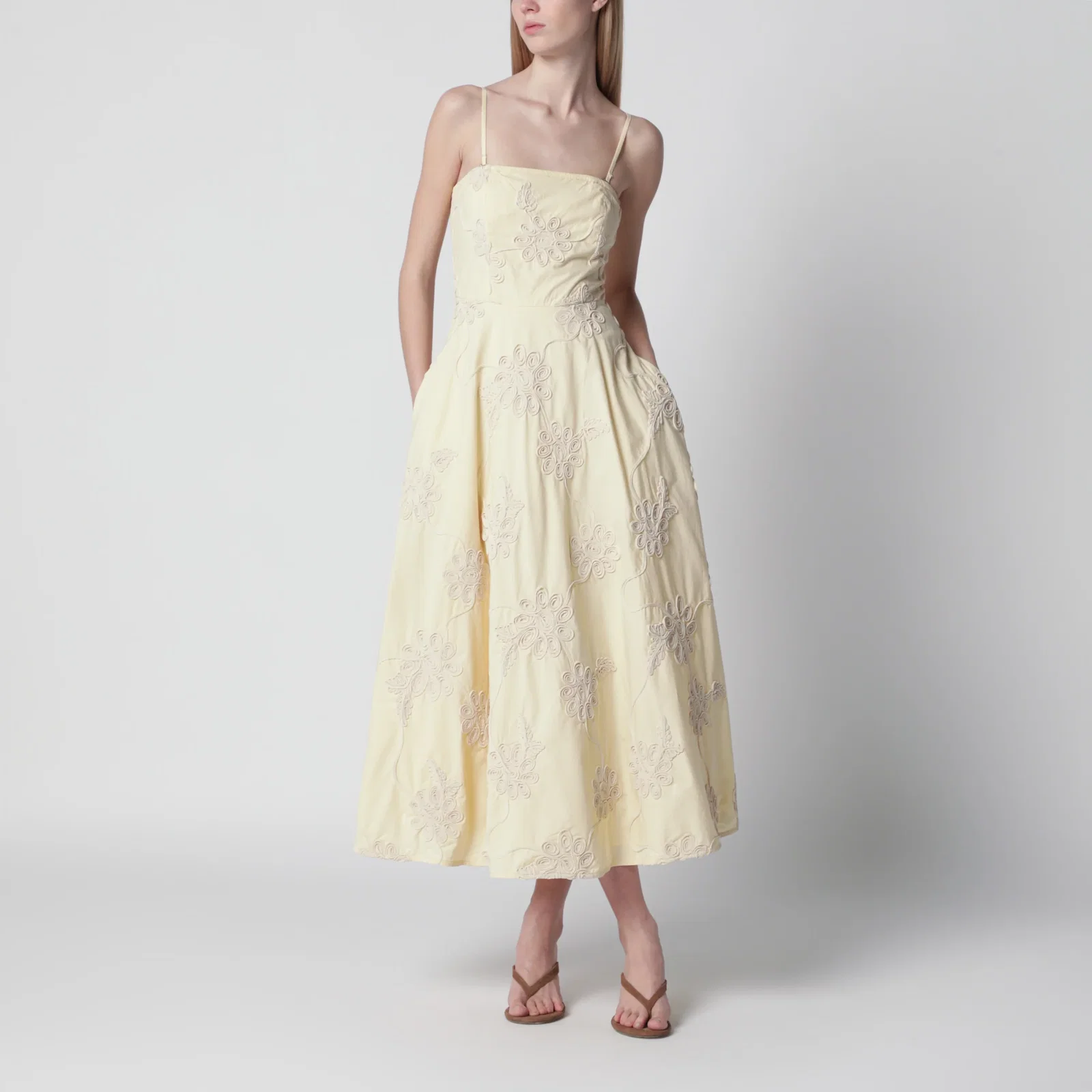 ROTATE Yellow midi dress with floral appliqués