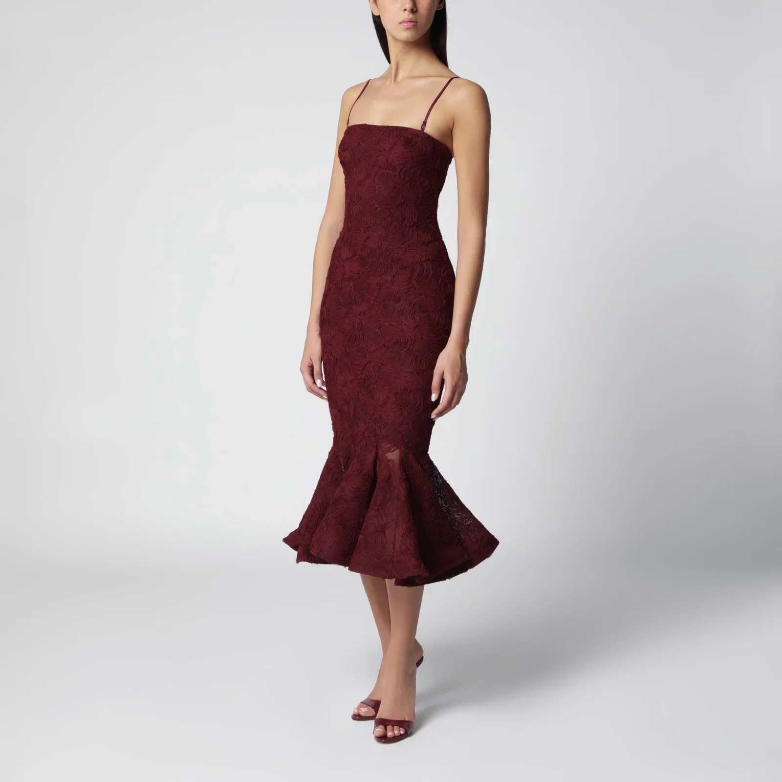 ROTATE Burgundy floral mesh ruffle dress