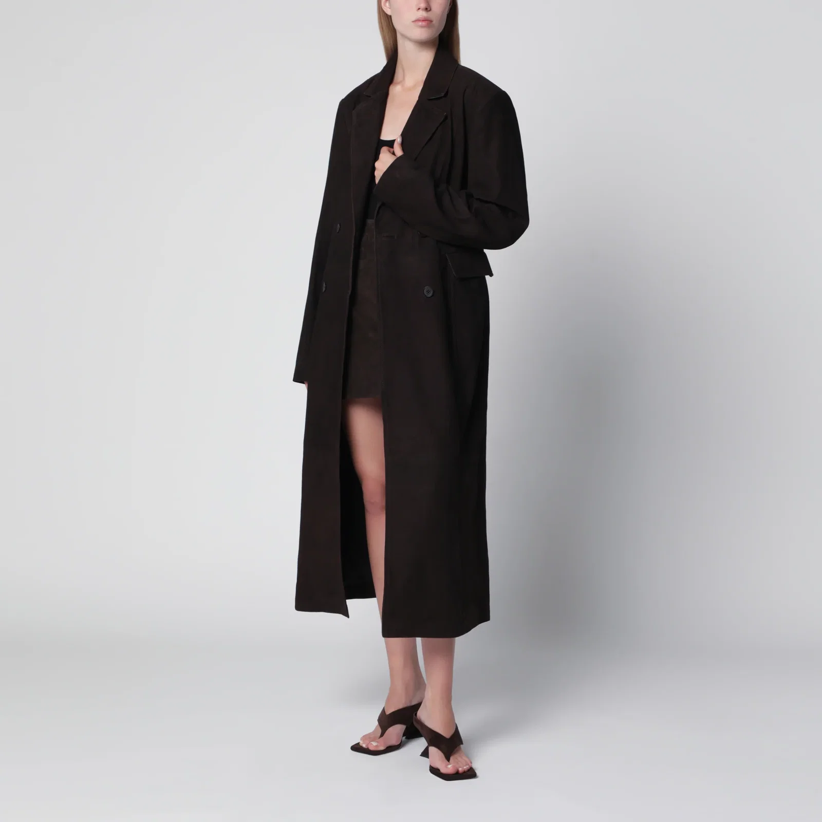 ROTATE Dark brown double-breasted suede coat