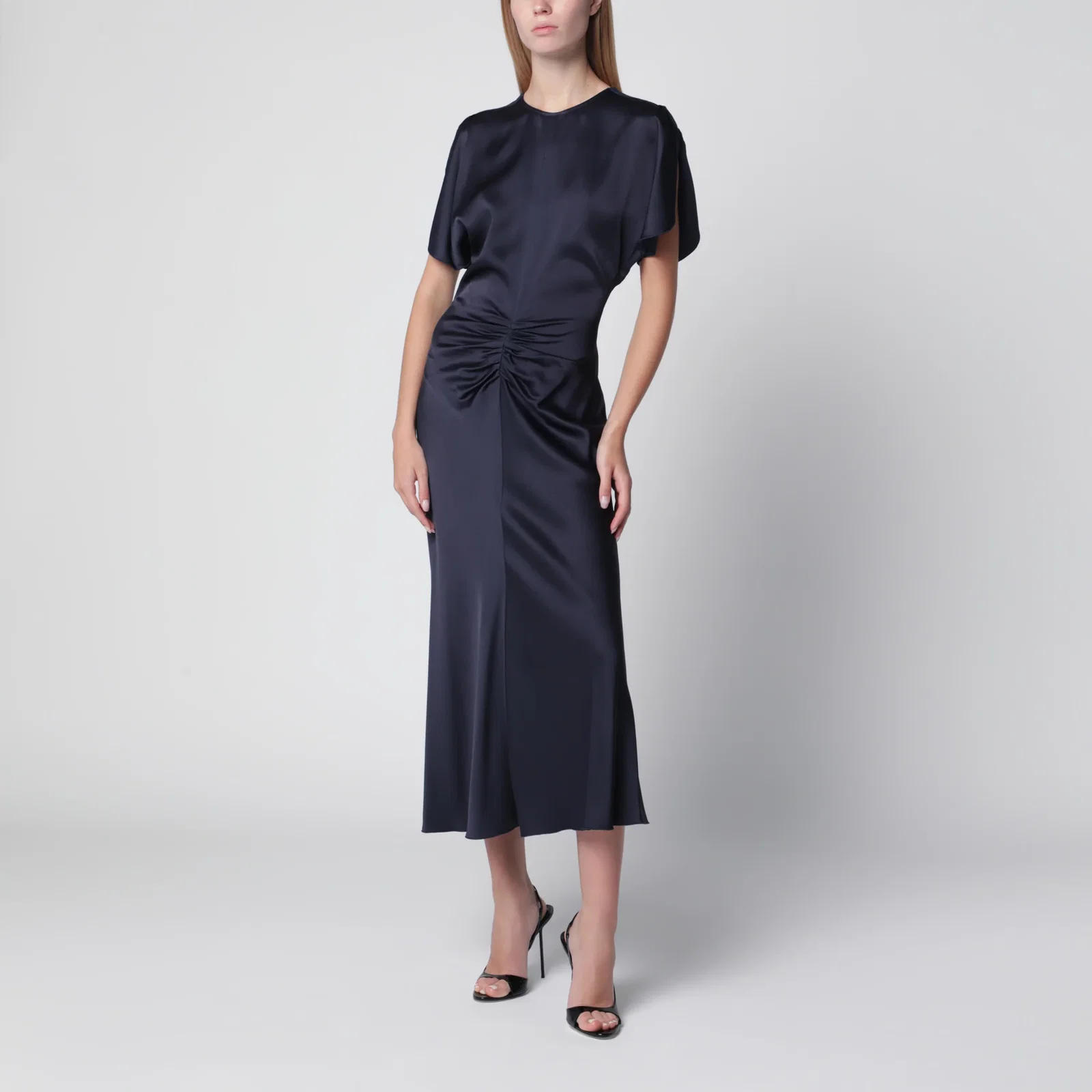 Victoria Beckham Bela Midi Dress in Midnight Satin Crêpe