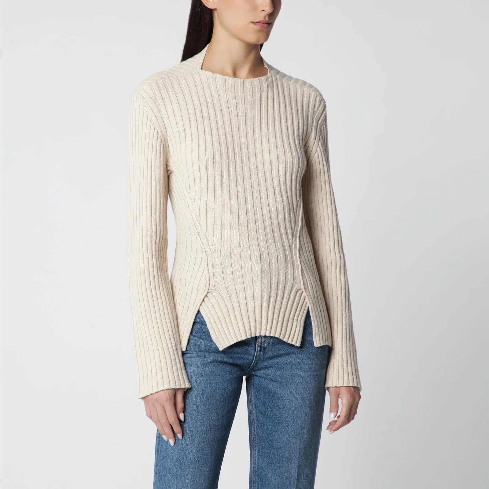 Victoria Beckham Ribbed Sweater in Beige Wool and Cashmere