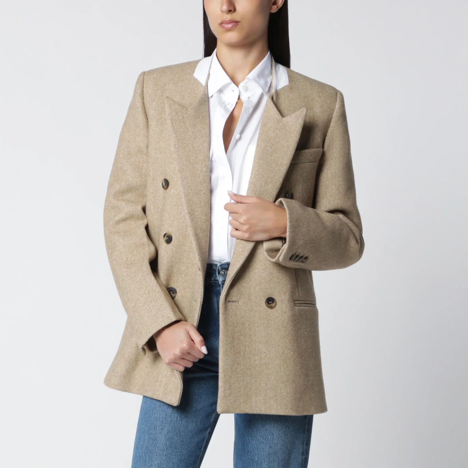 Victoria Beckham Beatrice Double-Breasted Jacket in Camel Wool