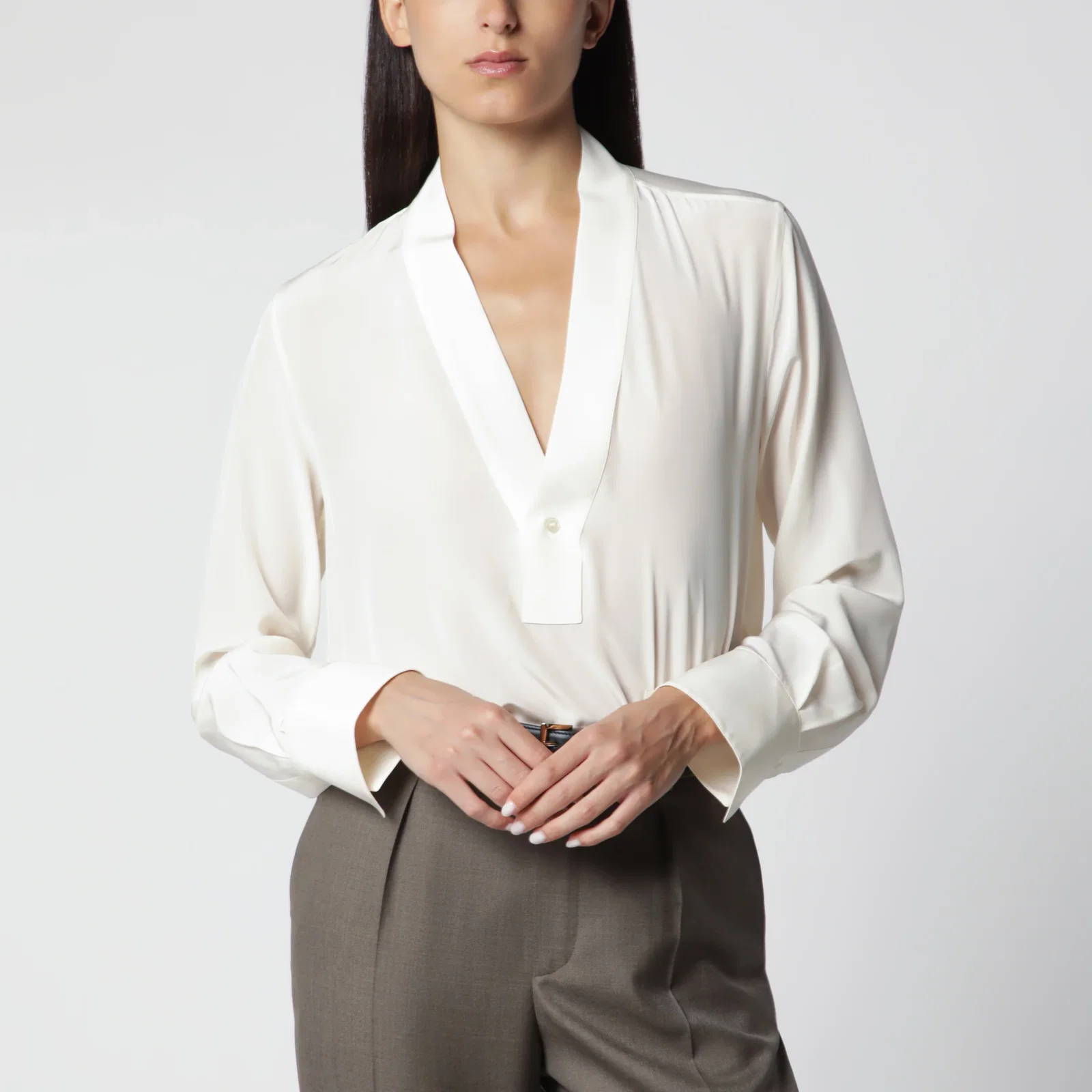Victoria Beckham Ivory Silk V-Neck Blouse