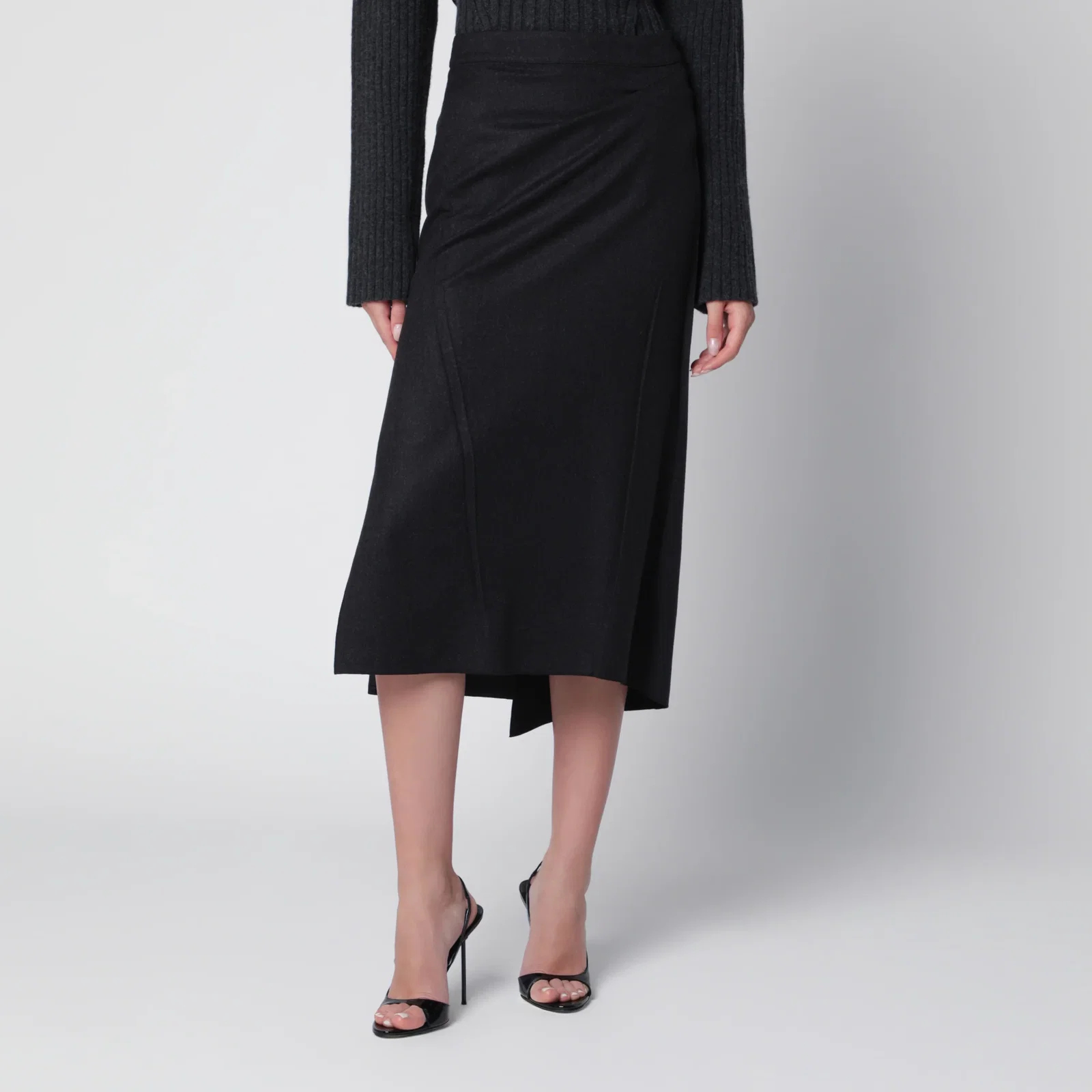 Victoria Beckham Pressed Midi Skirt in Dark Grey Wool and Mohair