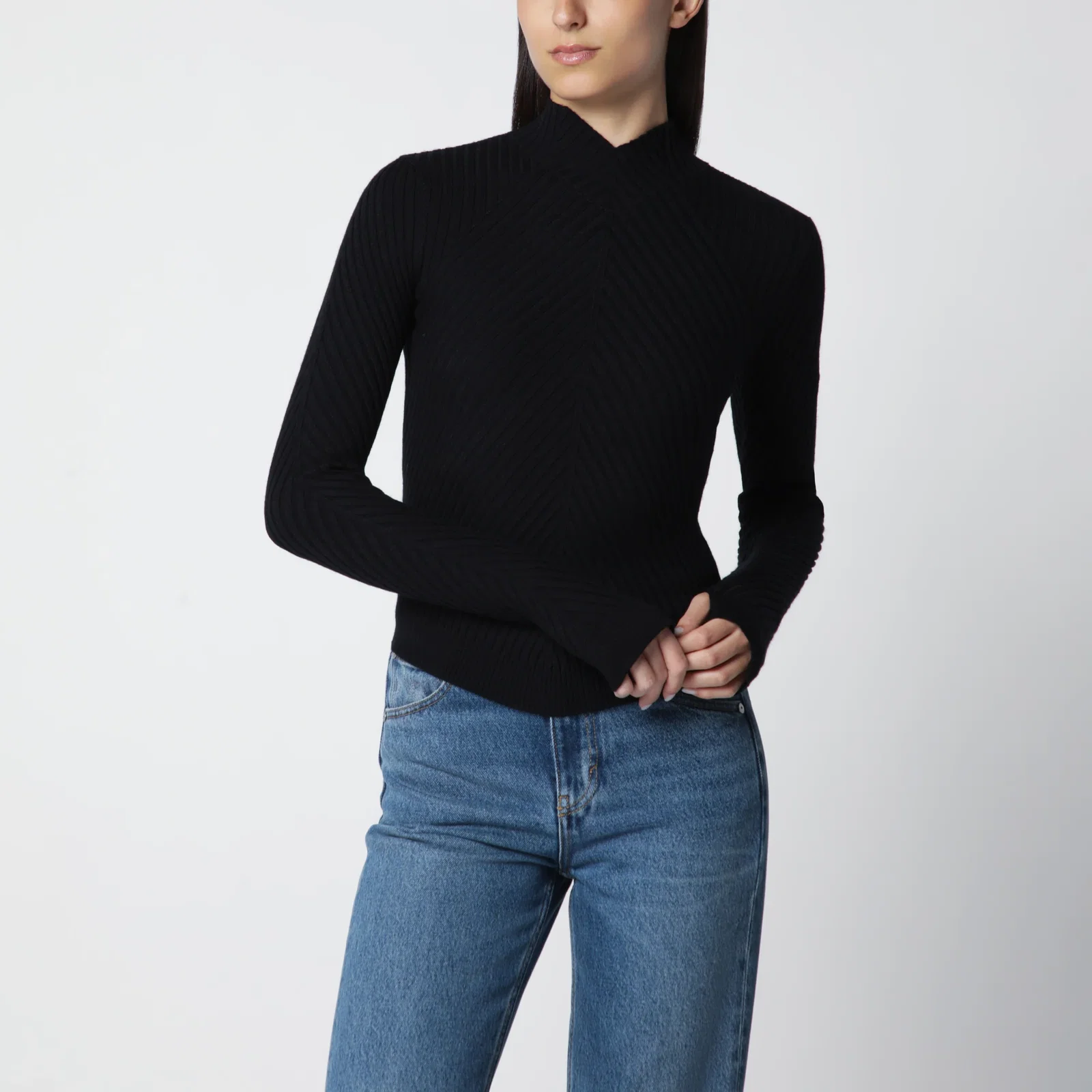 Victoria Beckham Georgia Ribbed Sweater in Black Merino Wool