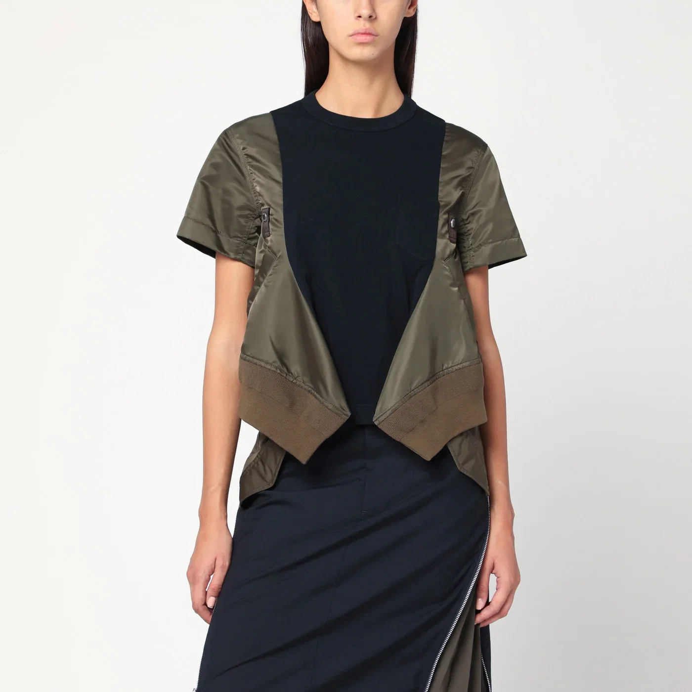 Sacai Navy/kaki cotton and nylon T-shirt