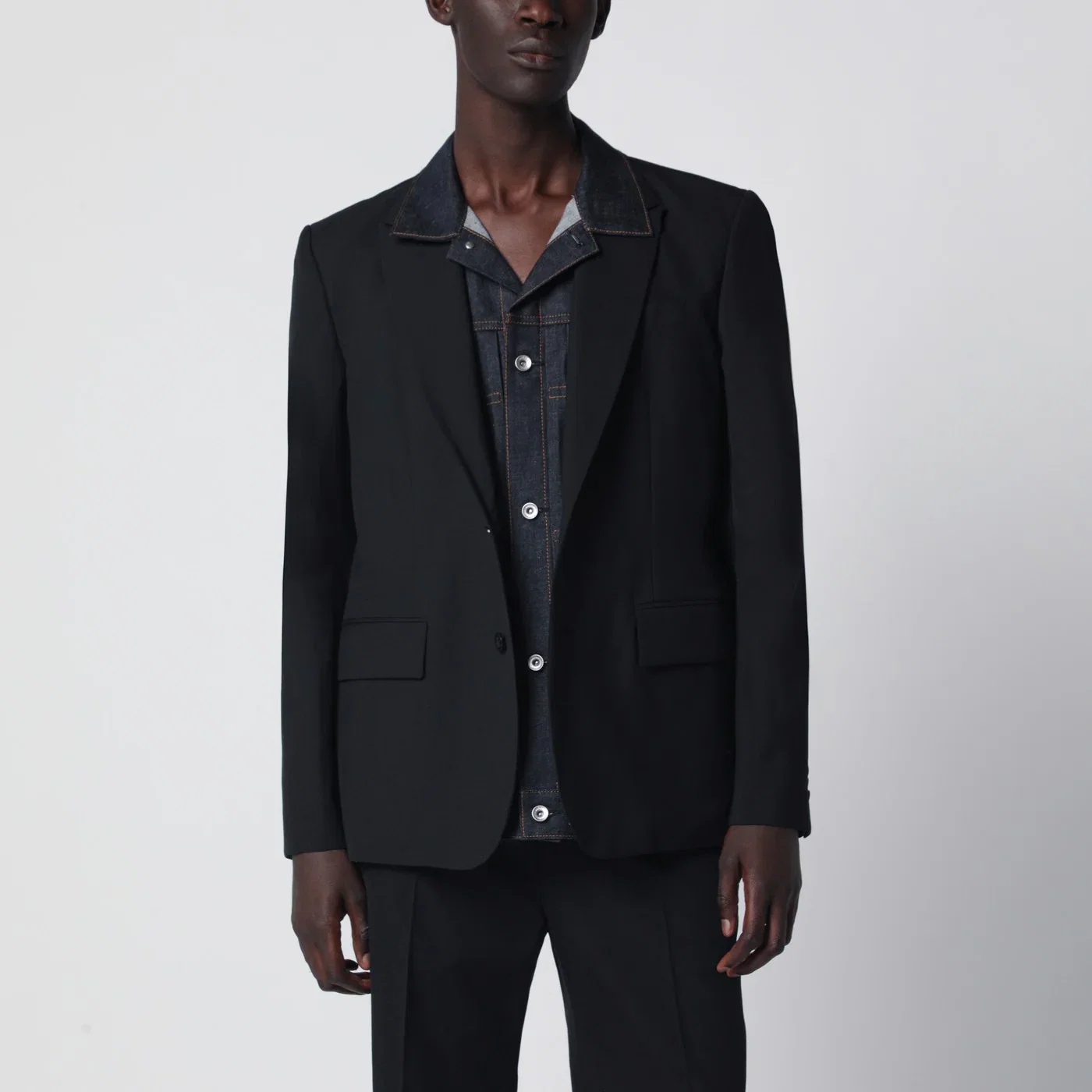 Sacai Black single-breasted jacket with denim insert