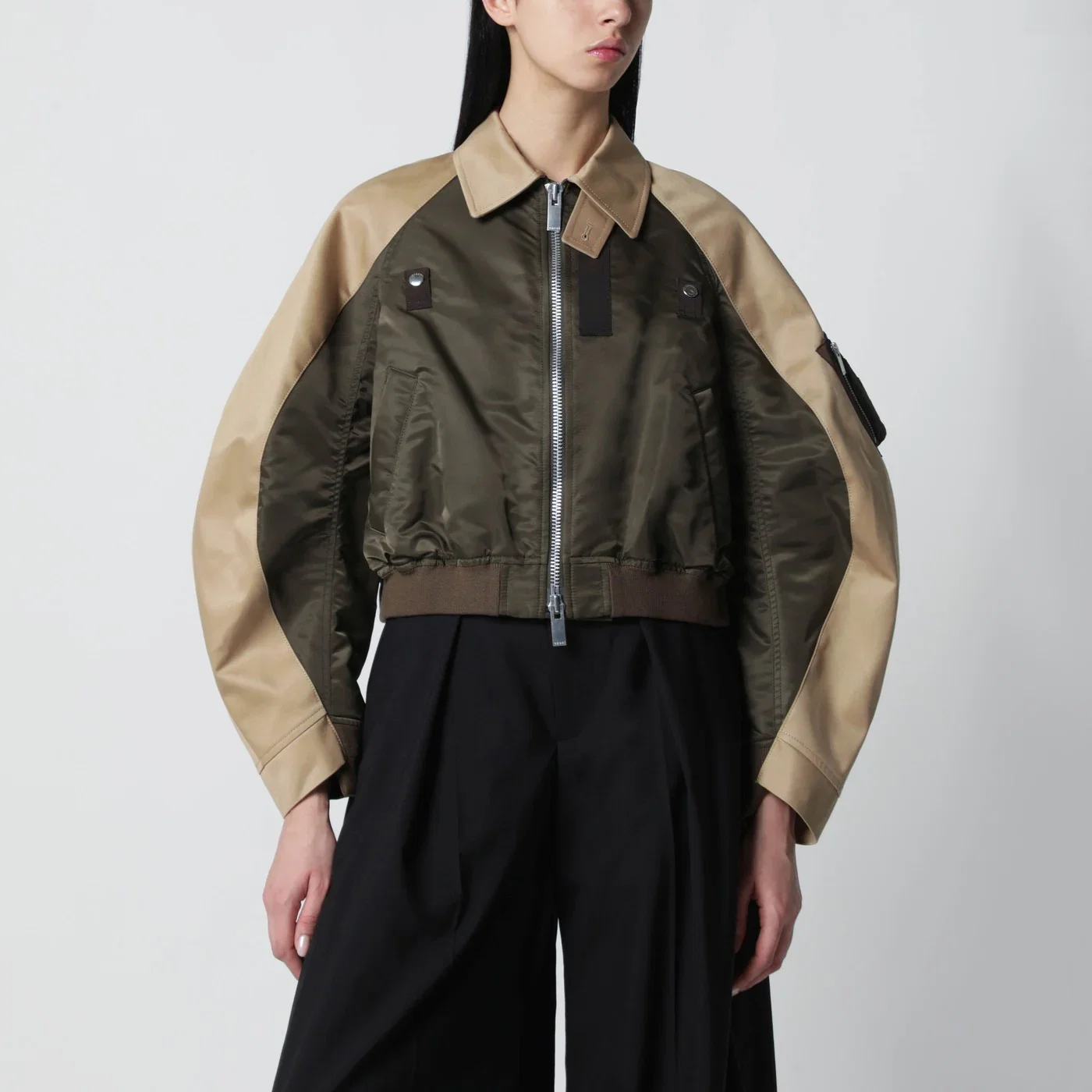Sacai Khaki green/beige nylon zip jacket