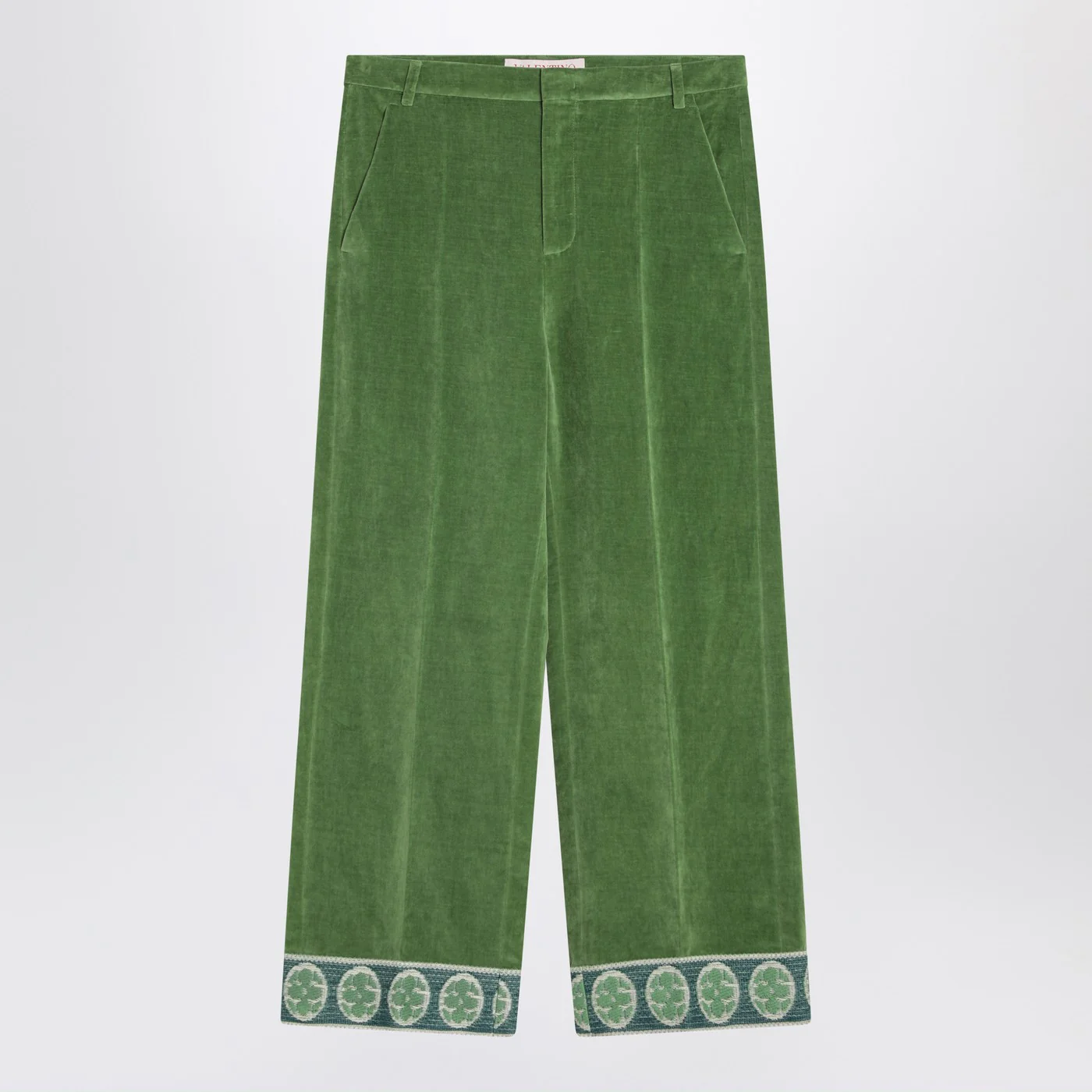 Valentino Green velvet trousers with jacquard hem