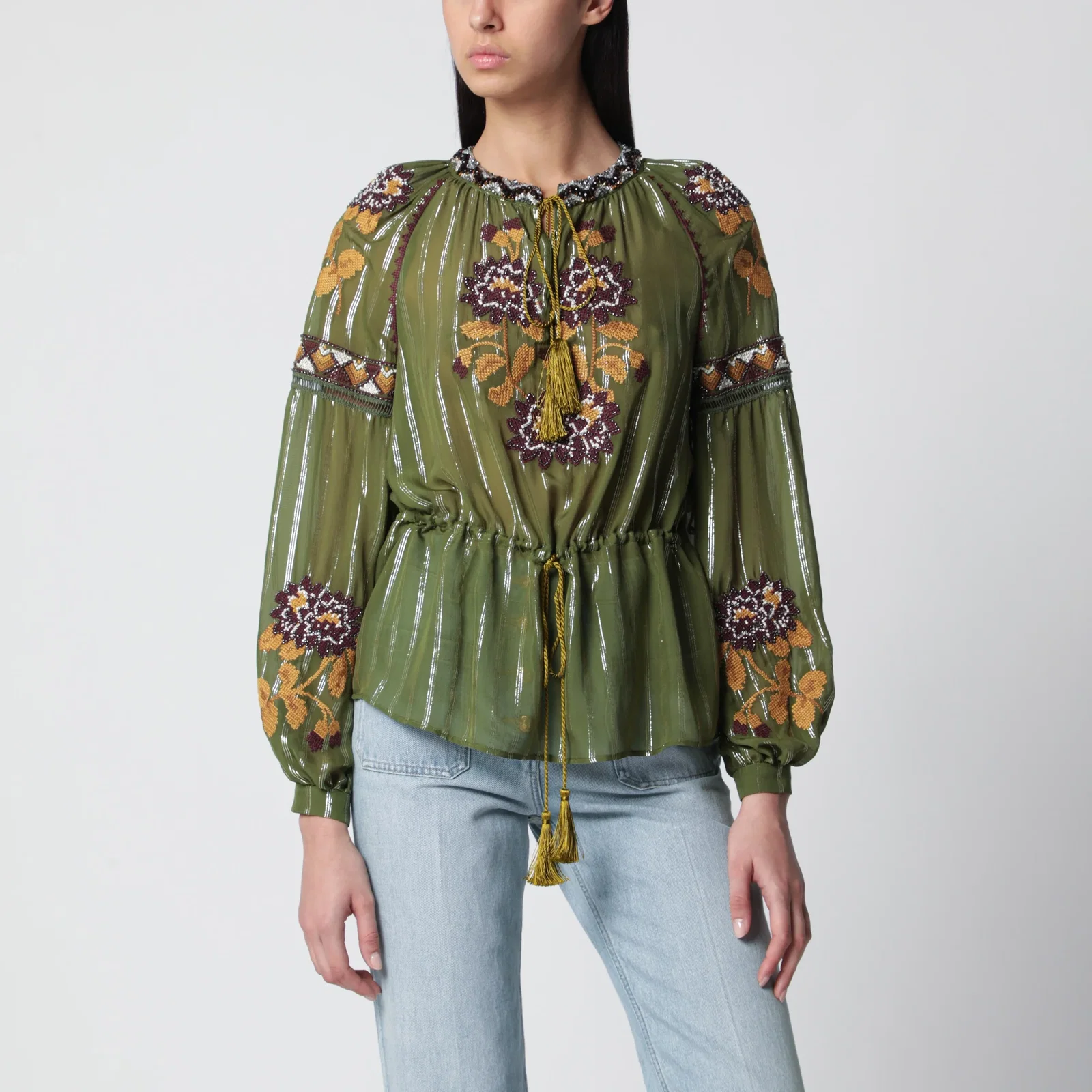 Valentino Embroidered lurex silk shirt green camou