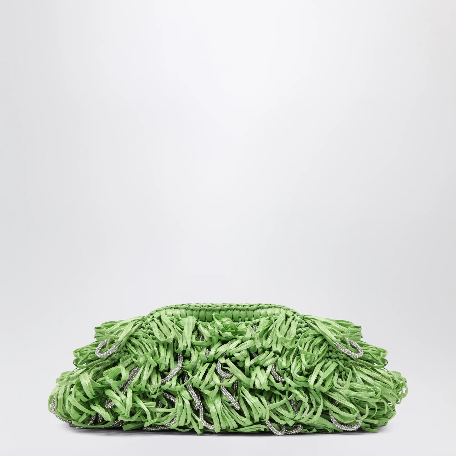 Hibourama Beatrix apple green clutch with raffia fringes and crystals