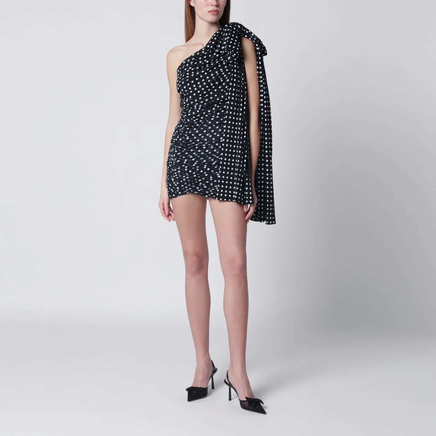 Patou Blue polka dot draped one-shoulder dress