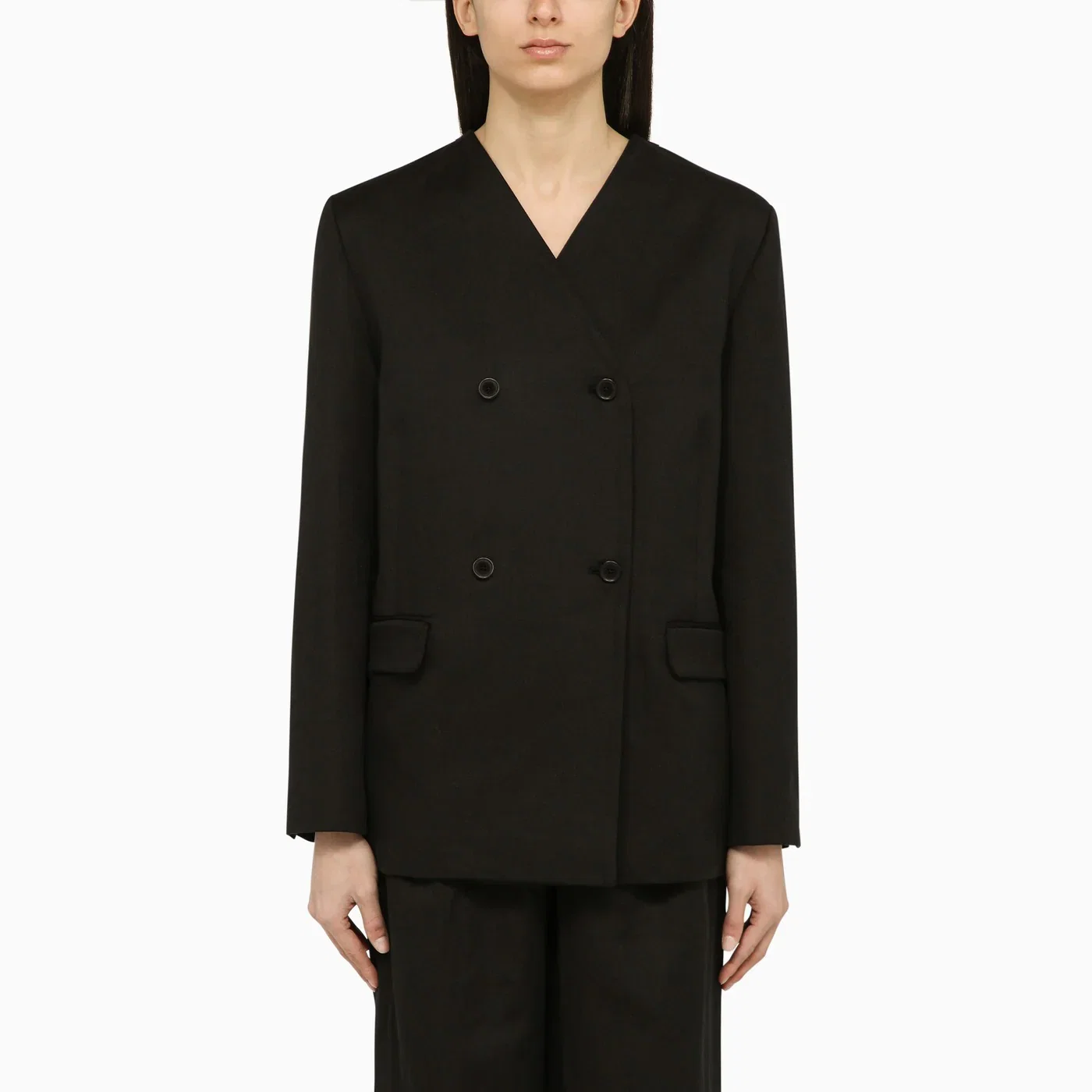 LouLou De Saison Black double-breasted jacket in cotton and linen