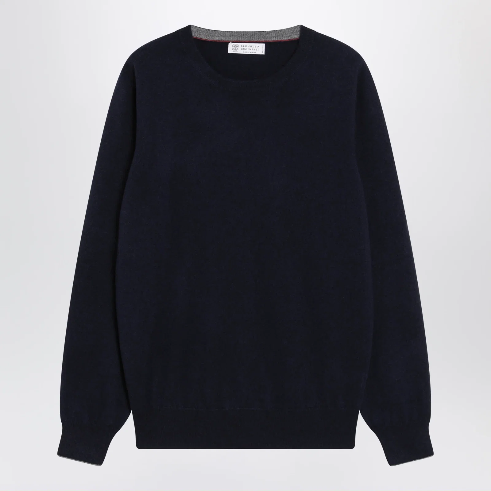 Brunello Cucinelli Navy blue cashmere crewneck sweater with contrast trim