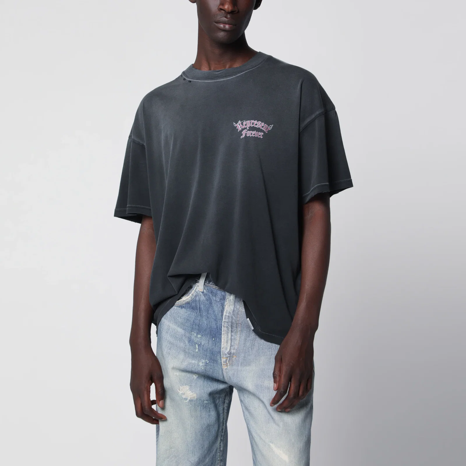 Represent Used-effect cotton T-shirt in washed black