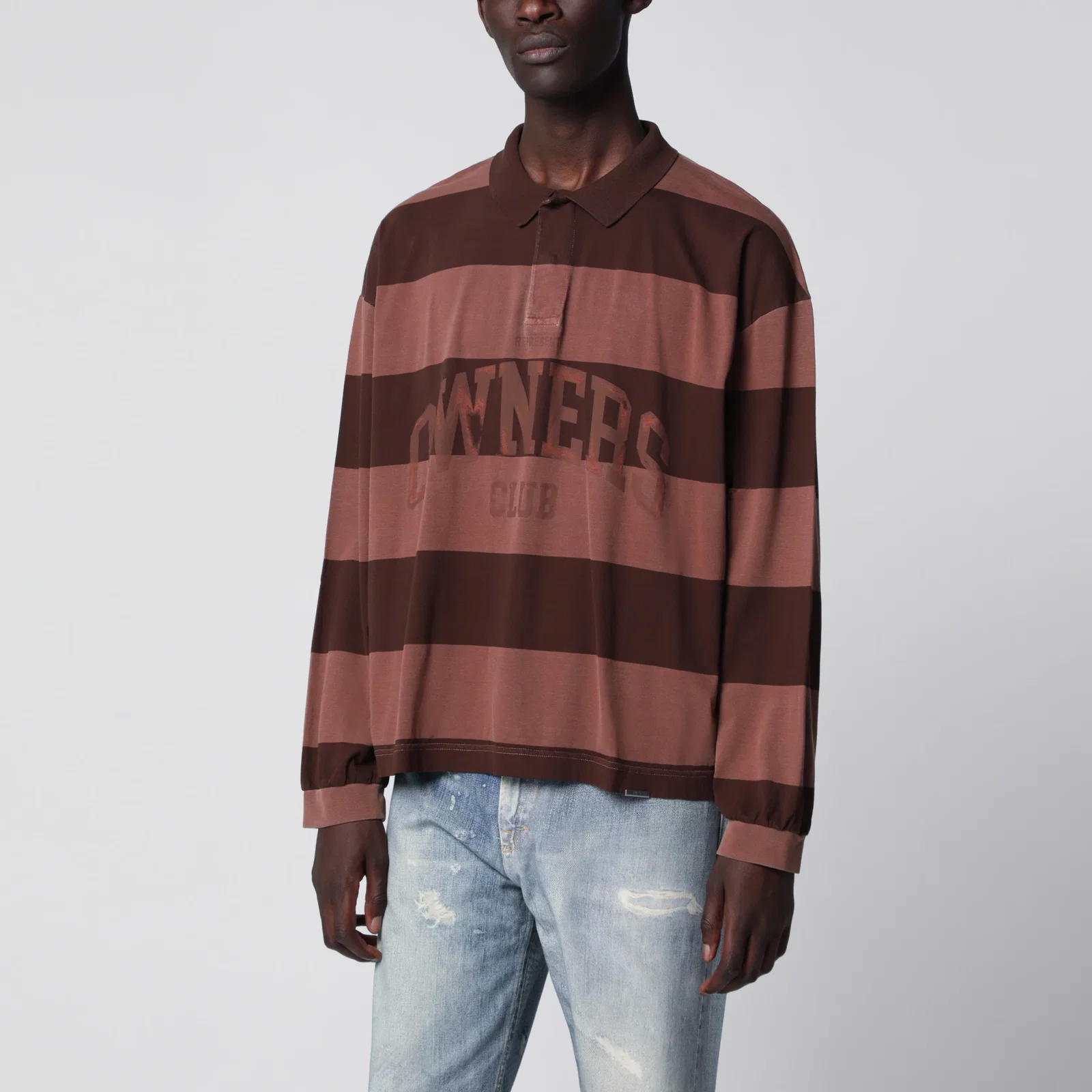 Represent Owners Club Stripe rugby polo in cotton, sienna stripes