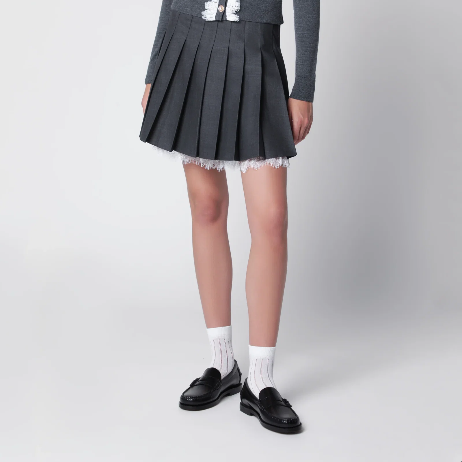 Self-Portrait Pleated wool mini skirt with lace trim in grey