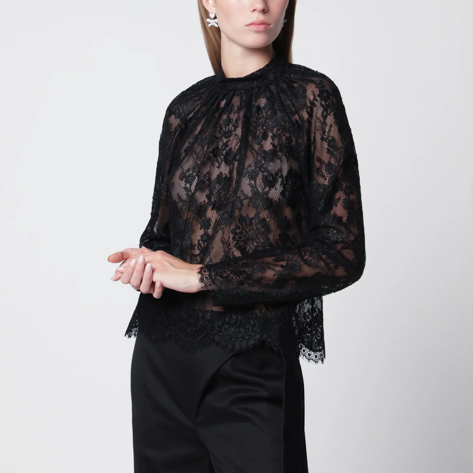 Self-Portrait High-neck lace blouse with long sleeves in black