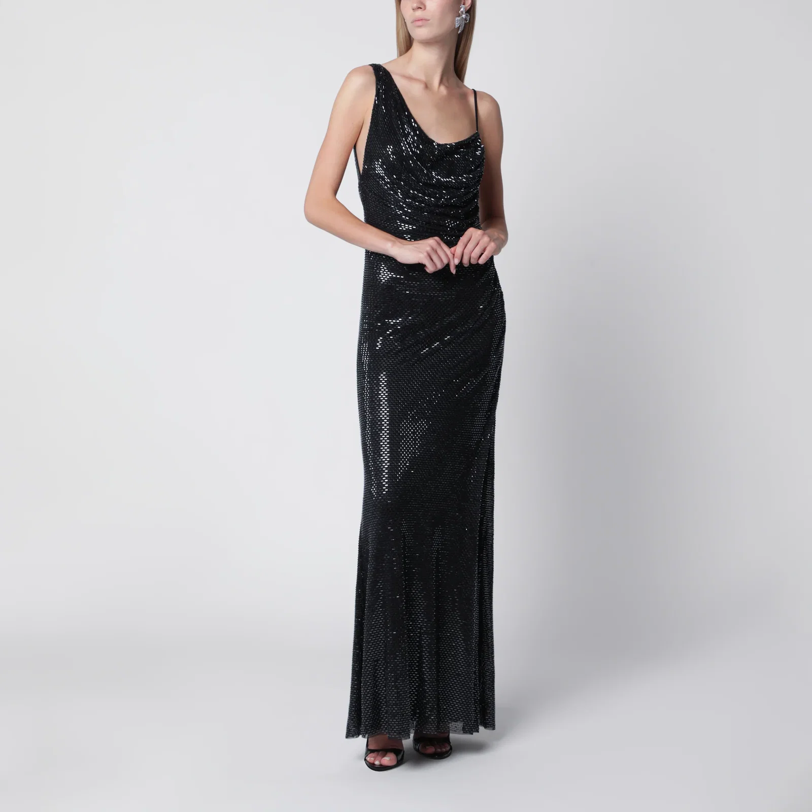 Self-Portrait Draped rhinestone-embellished maxi dress in black