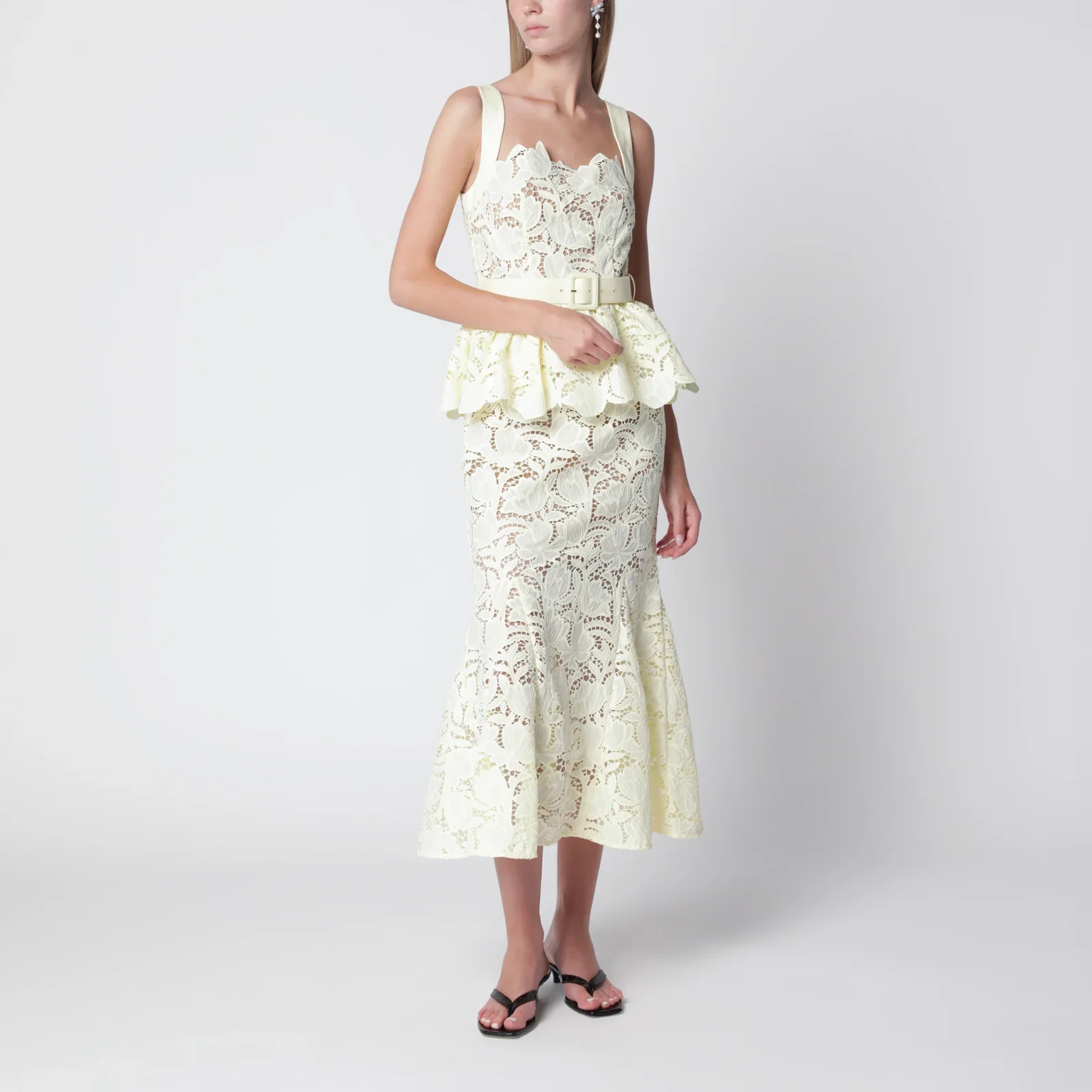 Self-Portrait Yellow peplum midi lace dress