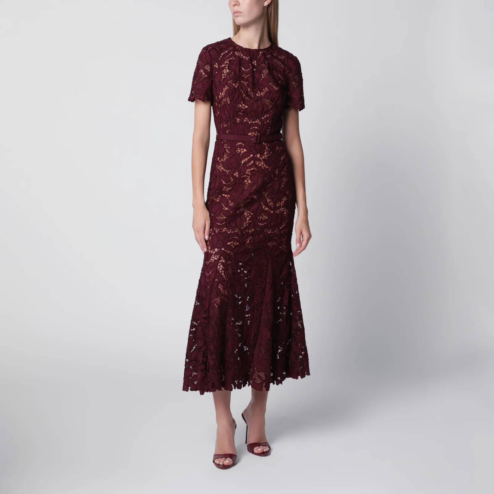 Self-Portrait Burgundy lace midi dress with removable belt