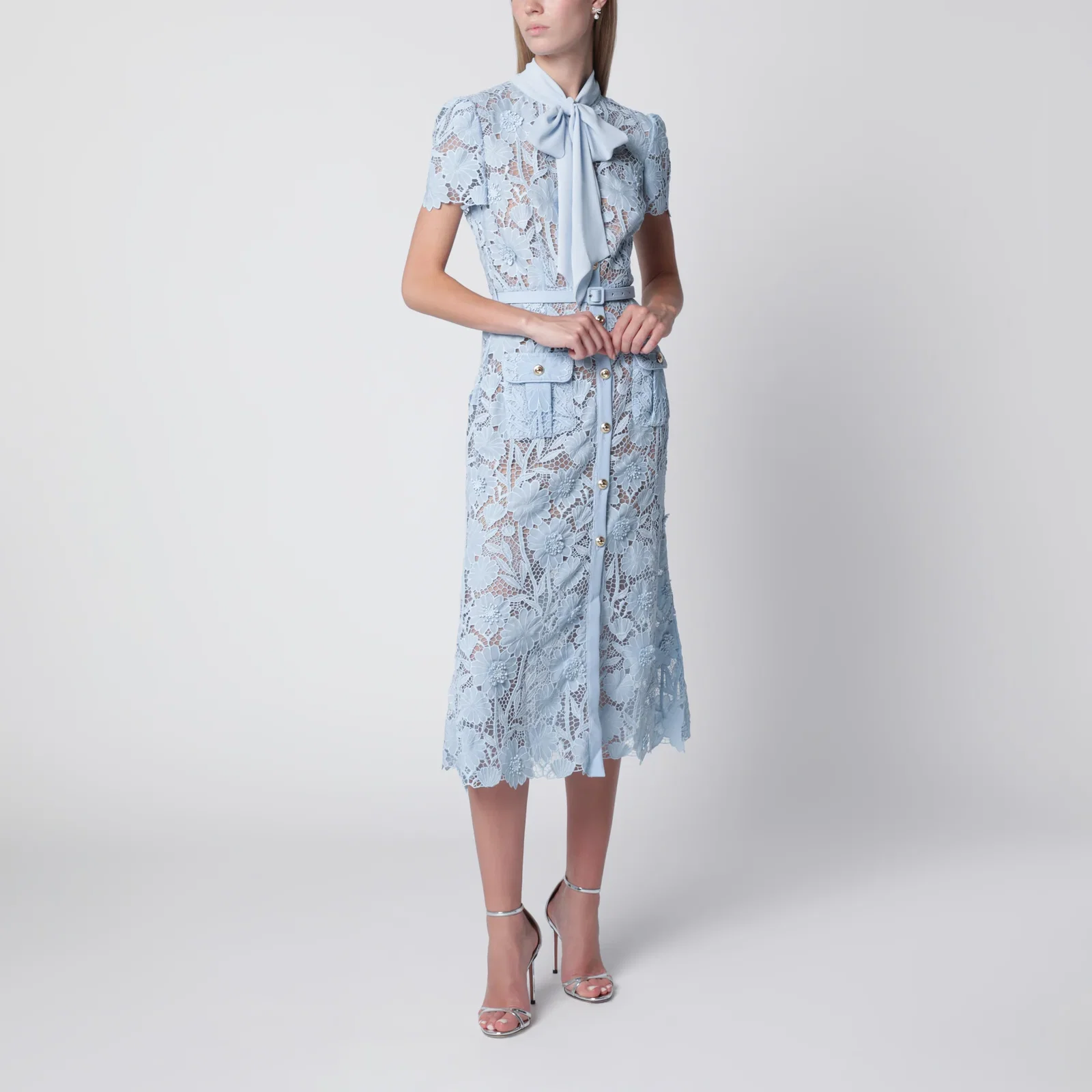 Self-Portrait Tie-neck lace midi dress in blue