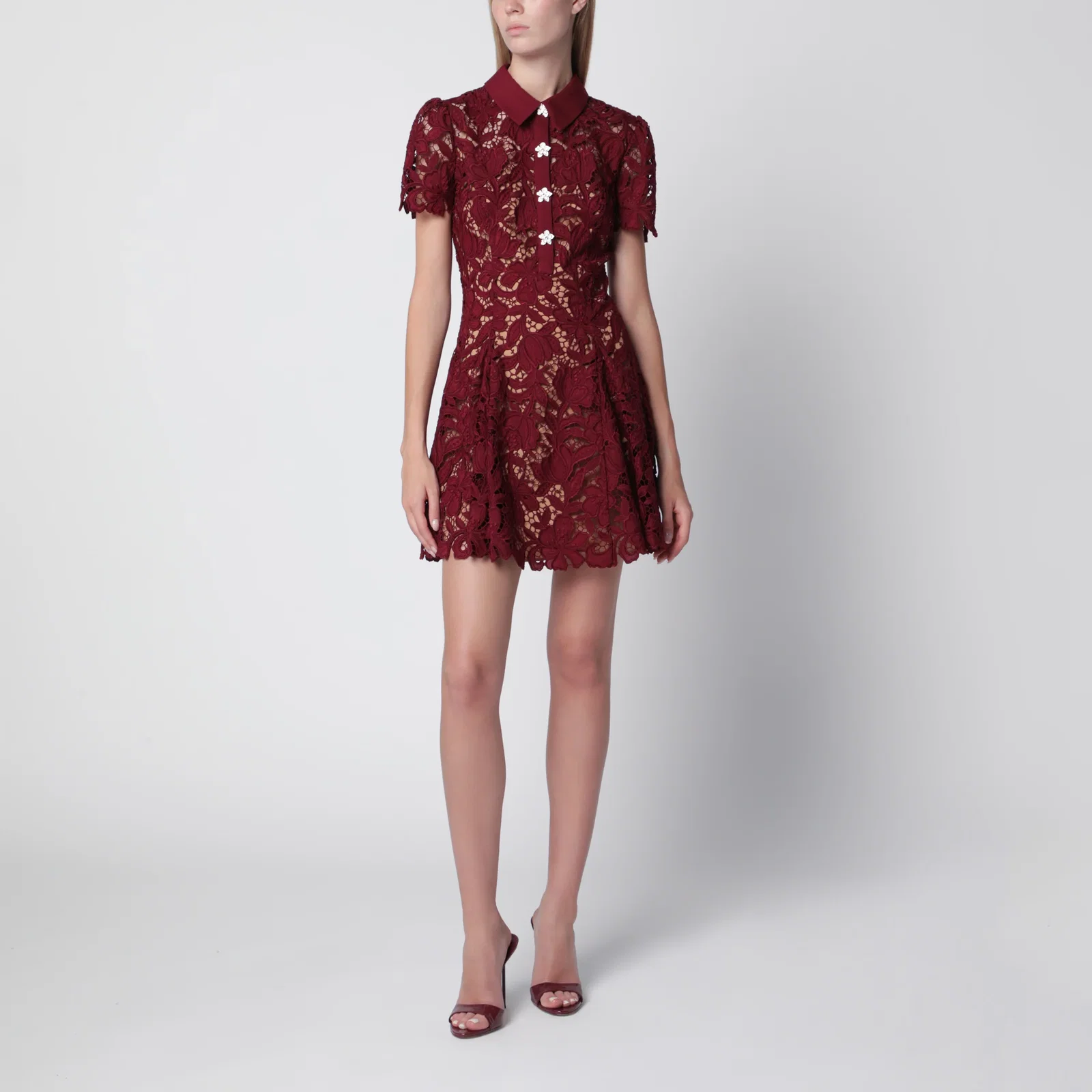 Self-Portrait Lace mini dress with floral buttons in burgundy