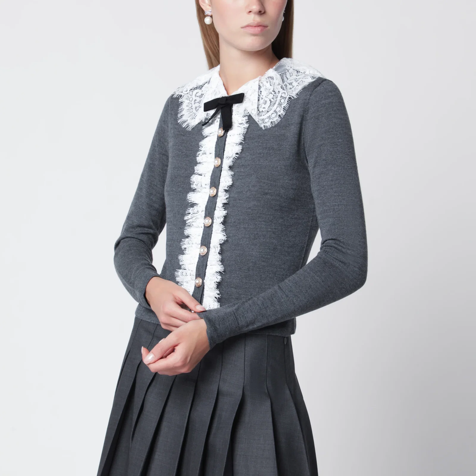 Self-Portrait Knitted wool cardigan with lace collar in grey