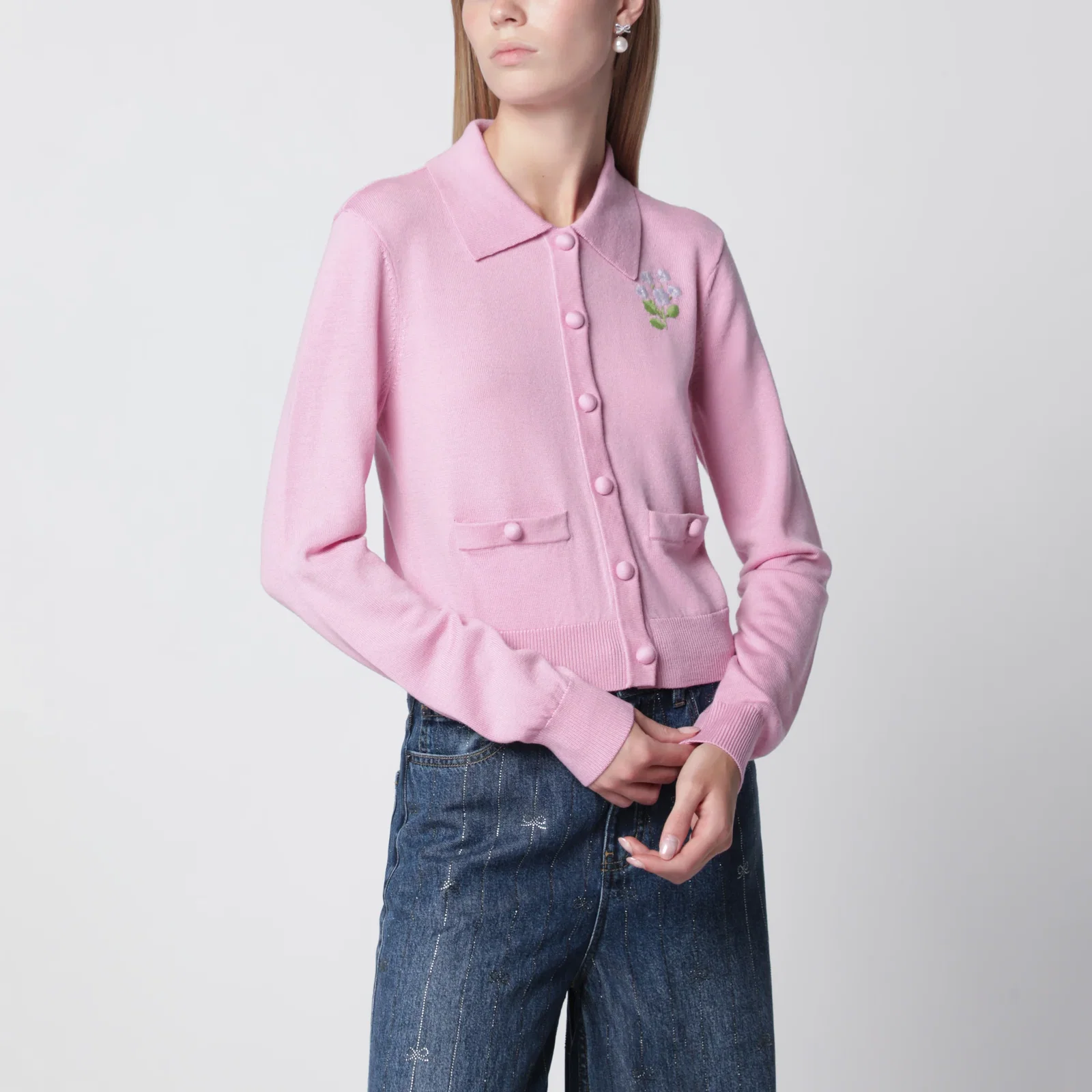 Self-Portrait Wool knit cardigan with floral embroidery in pink