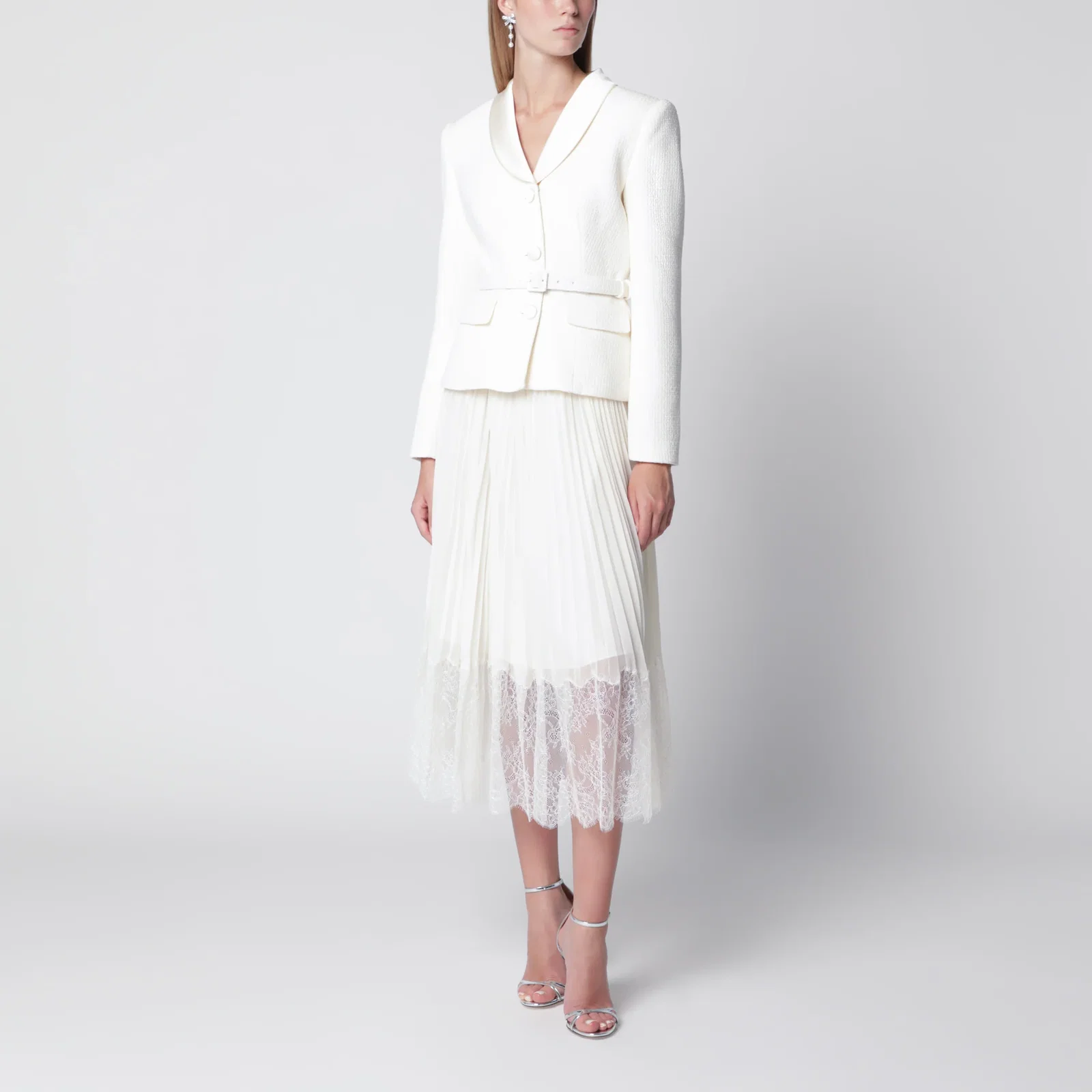 Self-Portrait Bouclé shawl-collar midi dress in cream