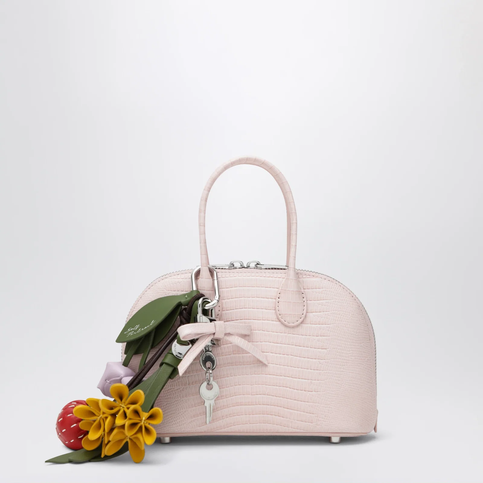 Self-Portrait Mini embossed leather bowling bag in pink