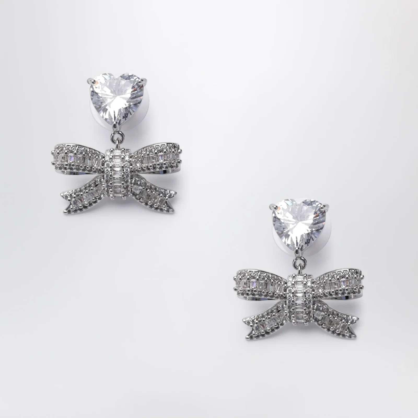 Self-Portrait Heart drop earrings with crystal bow in silver