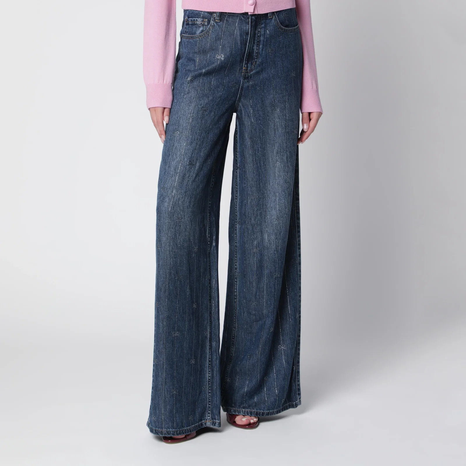 Self-Portrait Wide-leg denim jeans with rhinestone stripes in blue