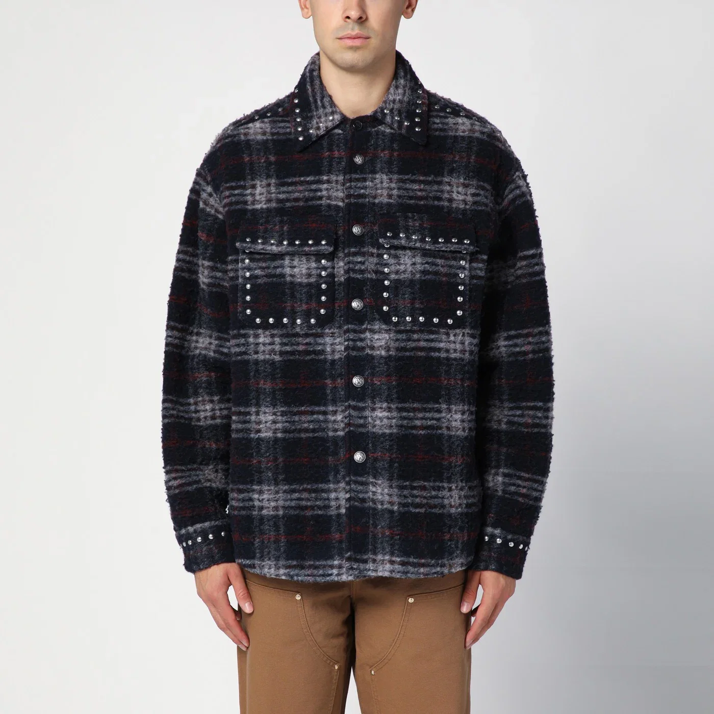 Palm Angels Over shirt in navy check wool with studs