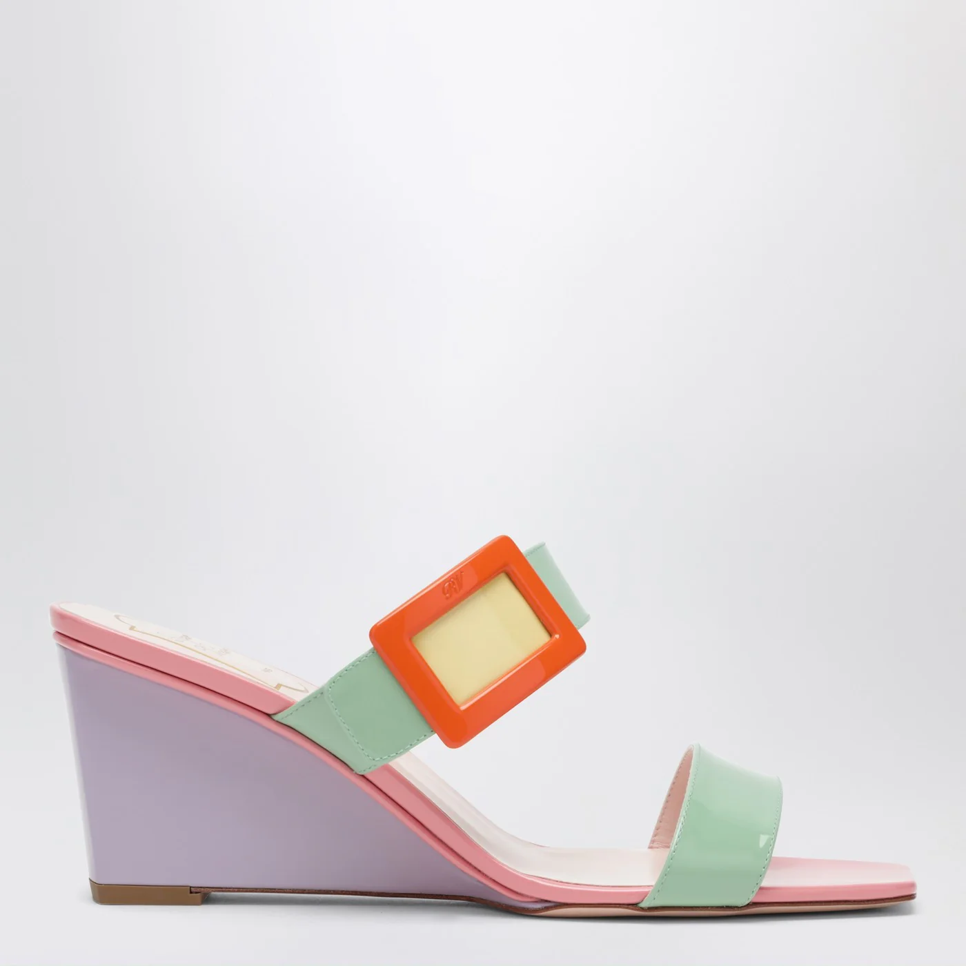 ROGER VIVIER Belle Vivier wedge mules in green/purple patent leather